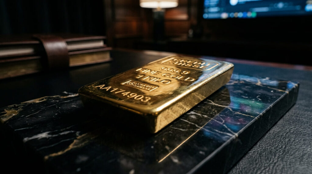 Lingotto d'oro su superficie di marmo scuro con riflessi digitali