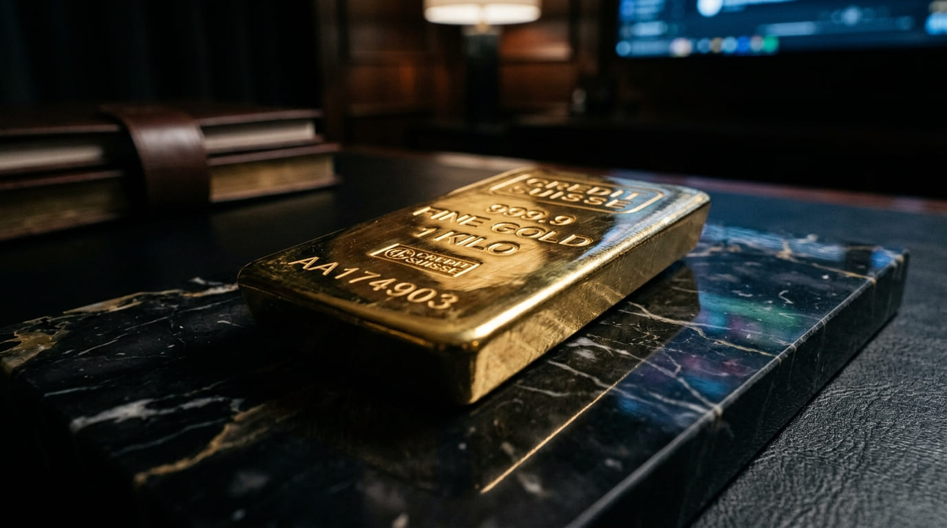 Lingotto d'oro su superficie di marmo scuro con riflessi digitali