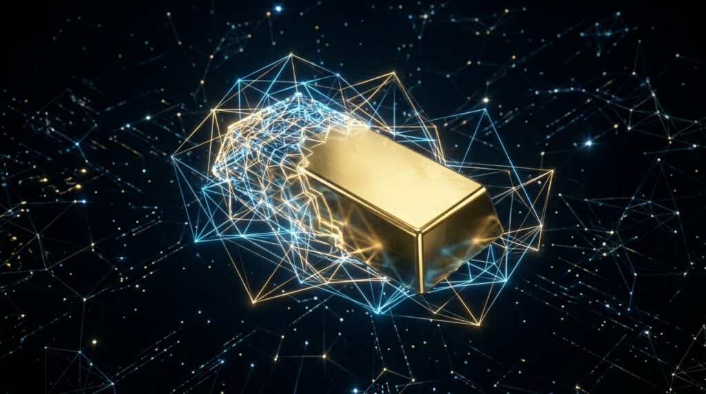 Lingotto d'oro che emerge da una rete di linee digitali luminose