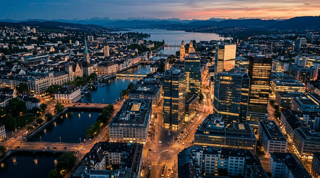 Vista aerea del distretto finanziario di Zurigo al tramonto