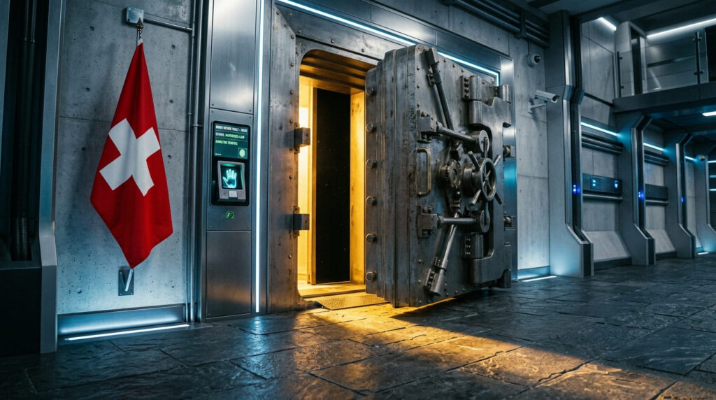 Porta di caveau in acciaio socchiusa con luce dorata che filtra all'intern